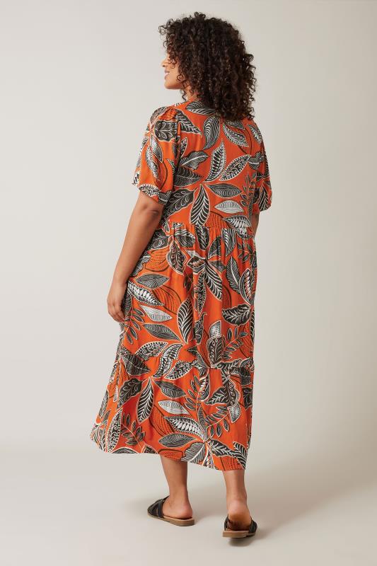 EVANS Plus Size Orange Leaf Print Linen Midi Dress | Evans 3