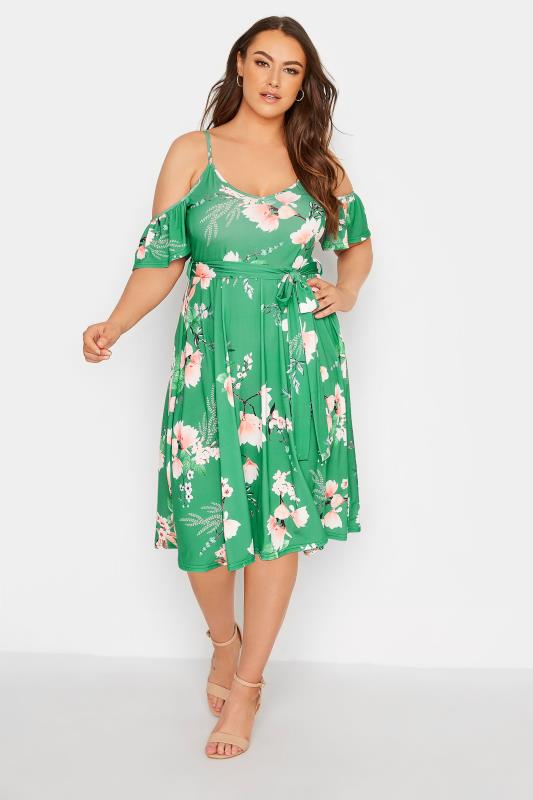 YOURS LONDON Plus Size Green Floral Cold Shoulder Dress | Yours Clothing 3