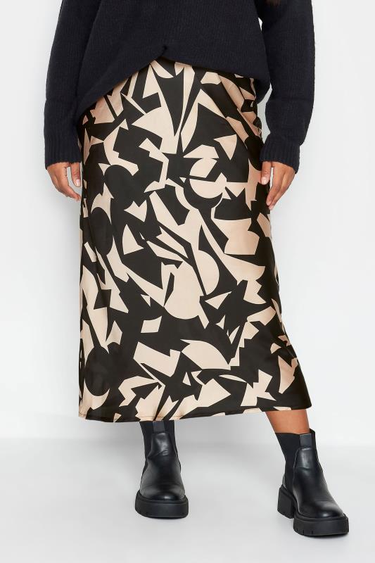 Plus Size  YOURS Curve Black & Beige Brown Abstract Print Satin Midi Skirt