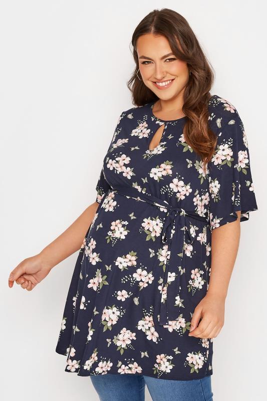 BUMP IT UP MATERNITY Plus Size Navy Blue Floral Keyhole Top | Yours Clothing 2