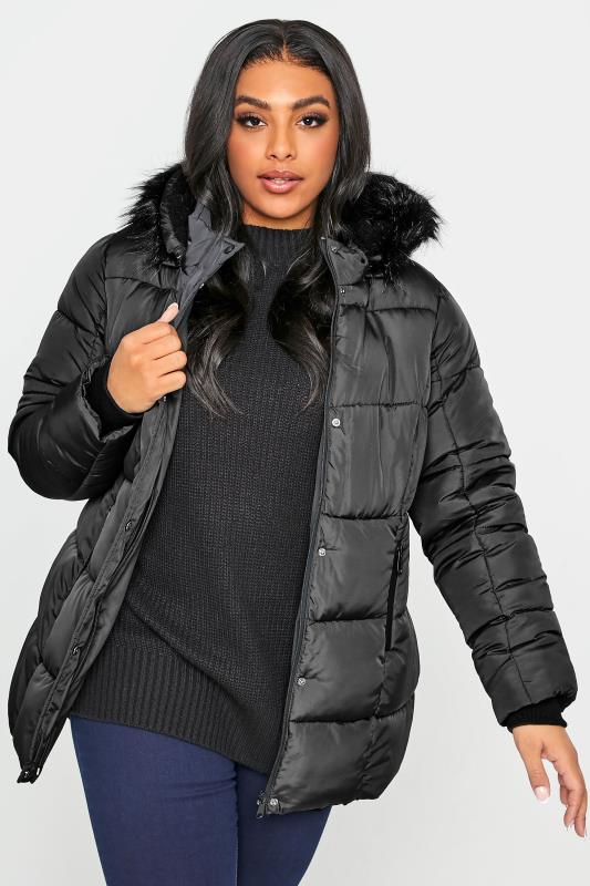 Black Padded Puffer Coat Yours Clothing, Puffer Coat With Fur Hood Plus Size