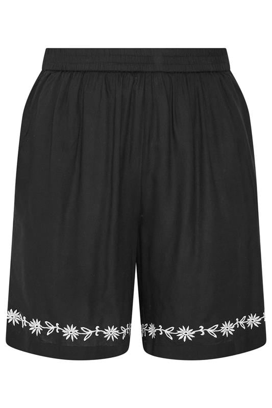YOURS Plus Size Black Floral Embroidered Hem Shorts | Yours Clothing 5