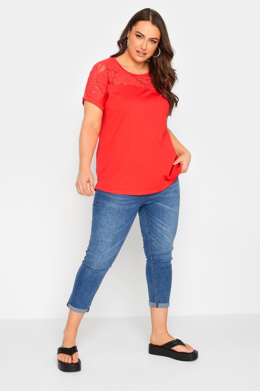 YOURS Plus Size Red Floral Mesh Panel T-Shirt | Yours Clothing 2