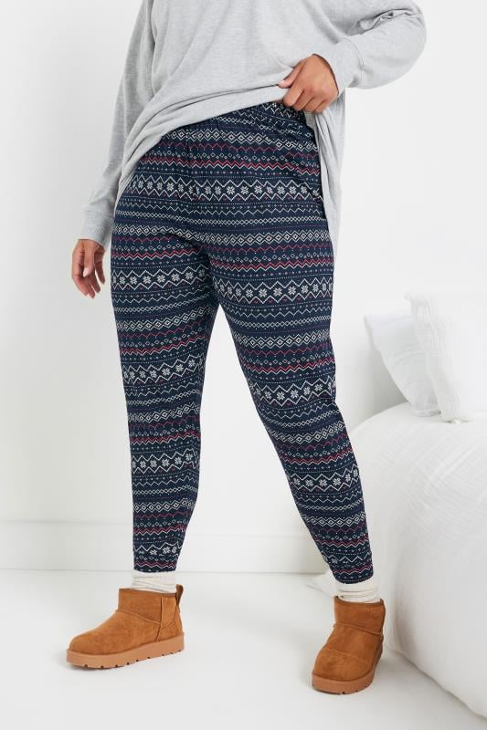 YOURS Plus Size Navy Blue Fairisle Cuffed Pyjama Bottoms | Yours Clothing 1