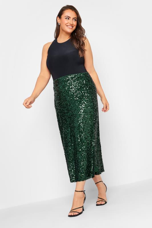 YOURS LONDON Plus Size Green Sequin Embellished Maxi Tube Skirt | Yours Clothing 3