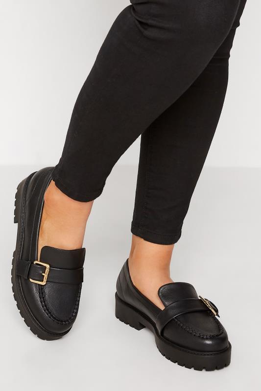 Black Buckle Chunky Loafers In Extra Wide EEE Fit | Yours Clothing 1