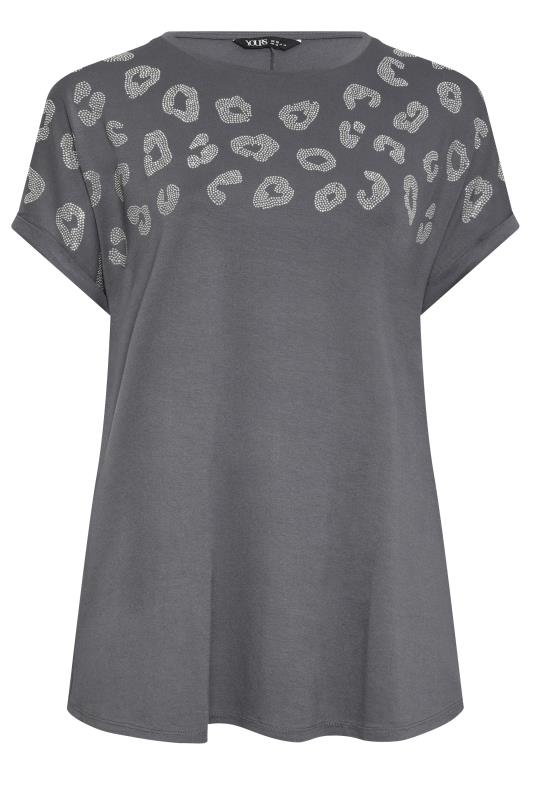 YOURS Plus Size Grey Leopard Print Stud T-Shirt | Yours Clothing 5