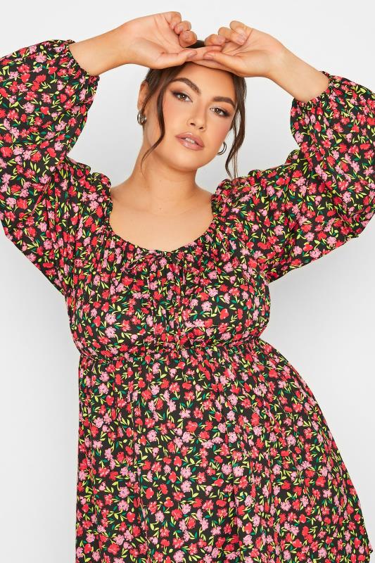 LIMITED COLLECTION Plus Size Black & Pink Floral Gypsy Blouse | Yours Clothing 4