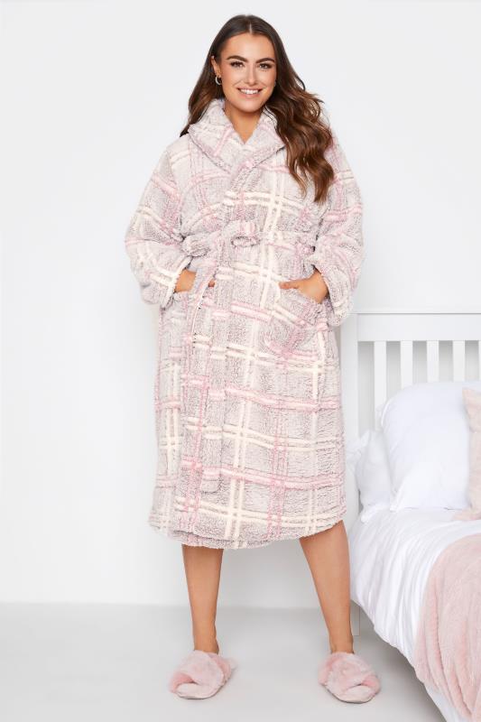  Grande Taille Grey & Pink Check Soft Shawl Dressing Gown