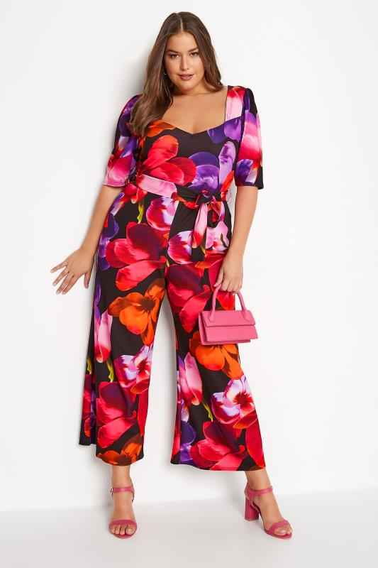  dla puszystych YOURS LONDON Curve Black Floral Sweetheart Jumpsuit
