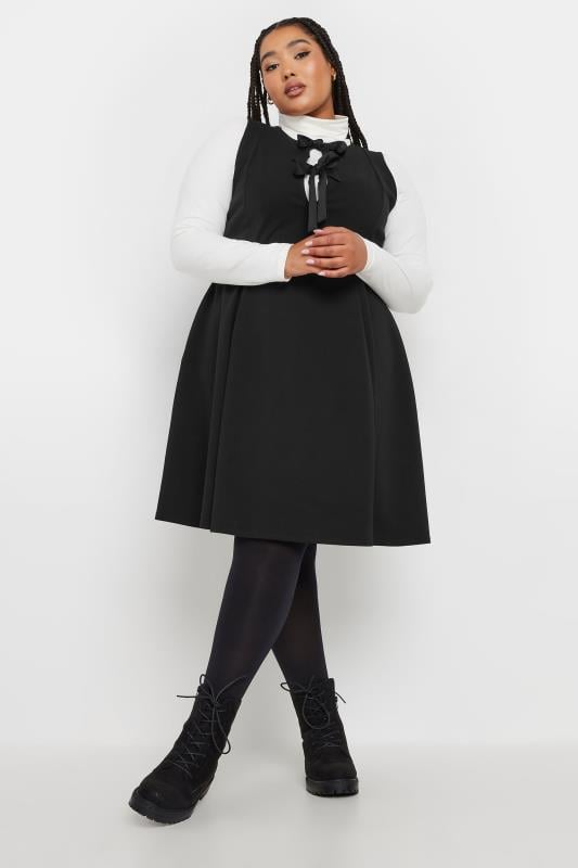 YOURS Plus Size Black Bow Tie Pinafore Dress | Yours Clothing  2