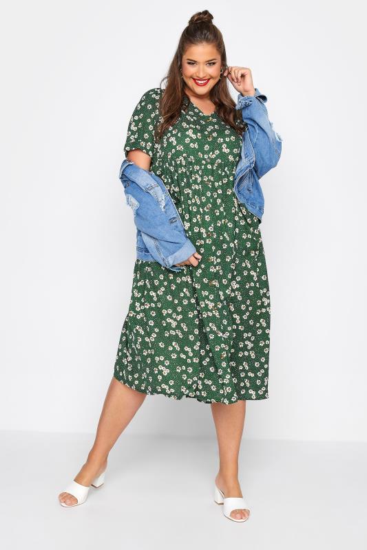LIMITED COLLECTION Plus Size Green Floral Drop Pocket Smock Dress | Yours Clothing  2