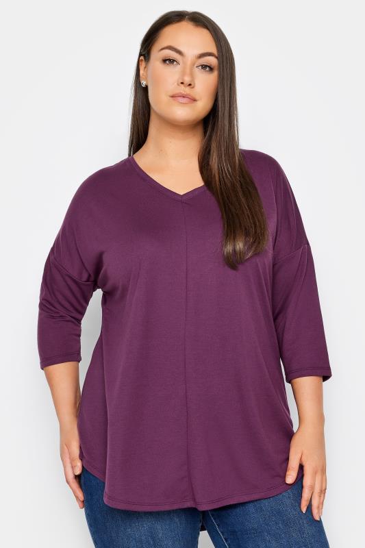 Evans Purple V-Neck Swing Long Sleeve T-Shirt 1