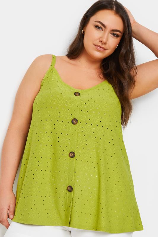 YOURS Plus Size Green Broderie Anglaise Button Front Cami Top | Yours Clothing 4