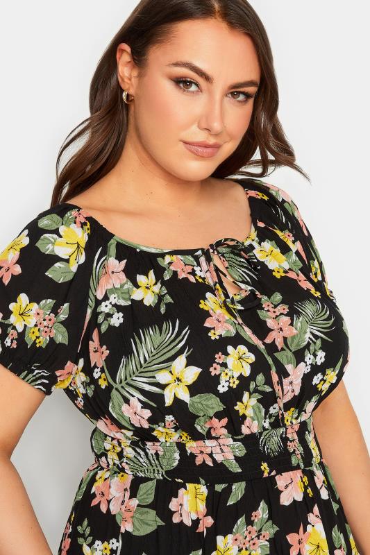 YOURS Curve Plus Size Black Tropical Print Bardot Maxi Dress | Yours Clothing  4