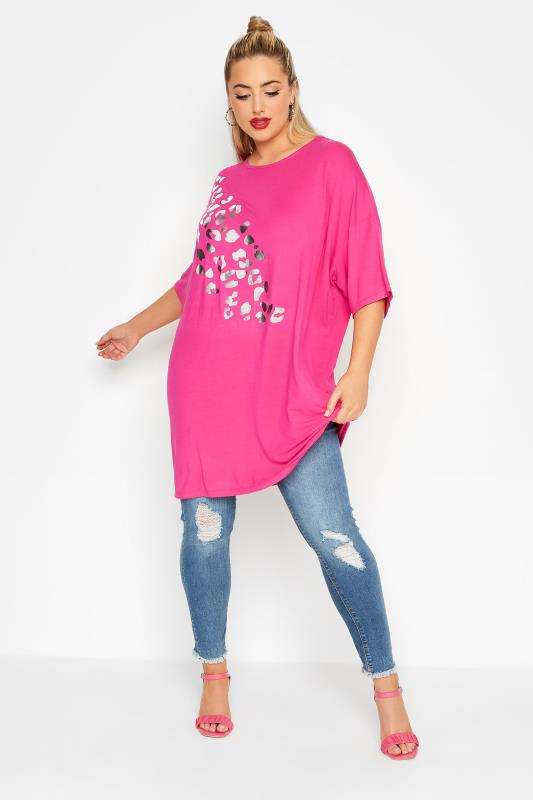 LIMITED COLLECTION Plus Size Hot Pink Foil Leopard Print Oversized T-Shirt | Yours Clothing  2