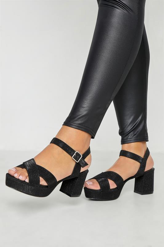  LIMITED COLLECTION Black Glitter Platform Heels In Wide E Fit & Extra Wide Fit