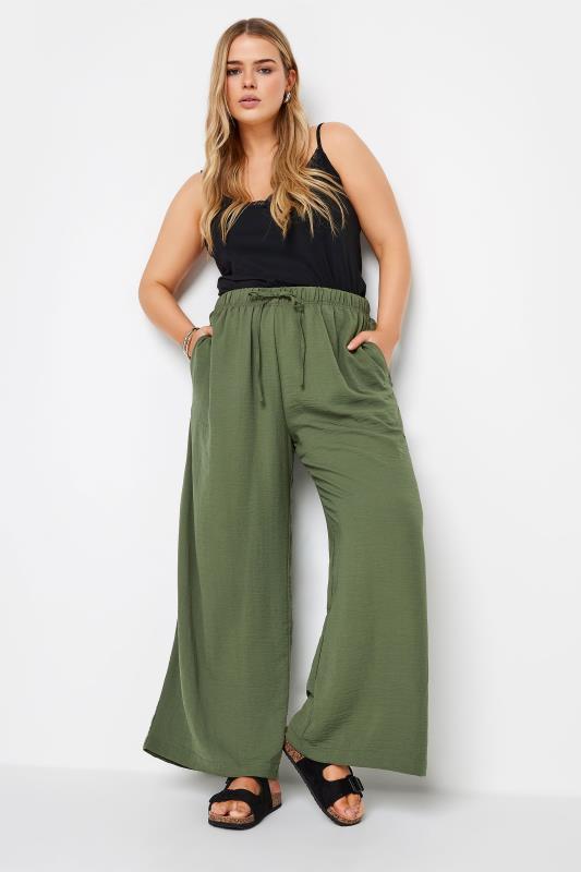 YOURS Plus Size Olive Green Twill Wide Leg Trousers | Yours Clothing 2