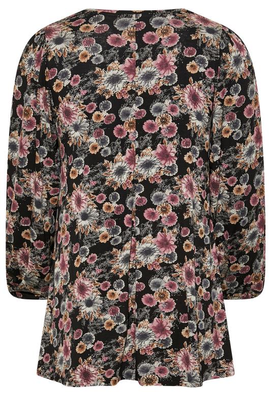 Curve Black & Pink Long Sleeve Floral Pleated Top | Yours Clothing 7