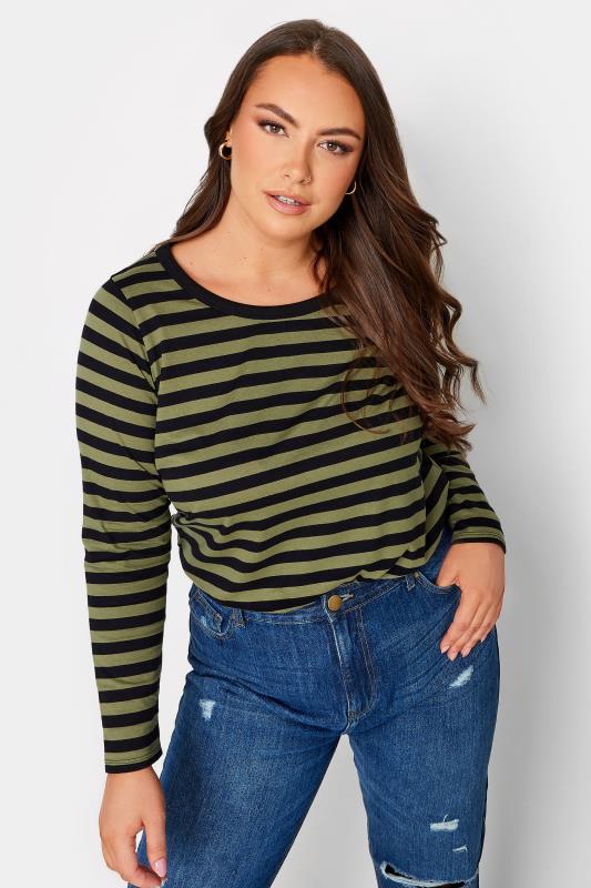 YOURS Plus Size Khaki Green Stripe Top | Yours Clothing 4