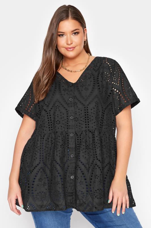Curve Black Broderie Anglaise Lace Peplum Top 1