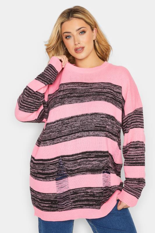 Plus Size Pink Distressed Stripe Oversized Jumper | Yours Clothing 1
