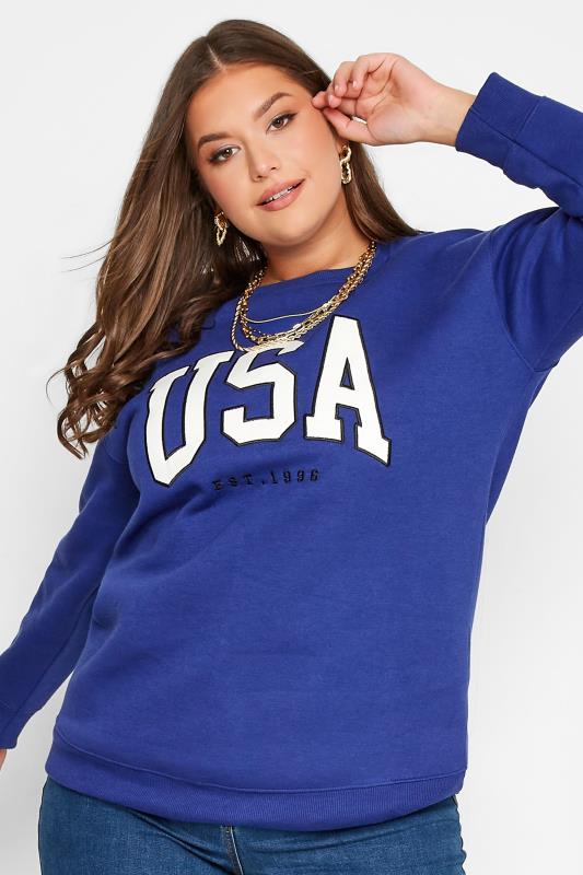 Plus Size  YOURS Curve Blue 'USA' Embroidered Slogan Sweatshirt