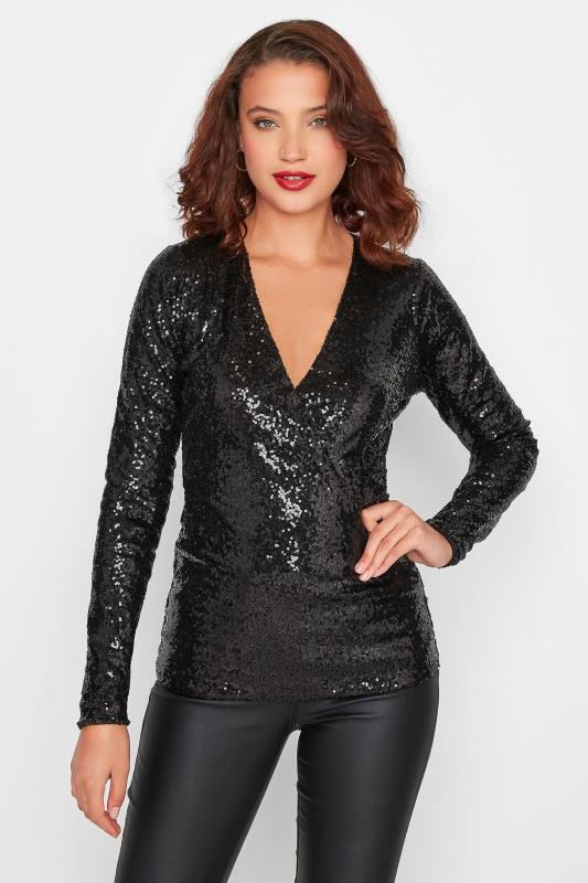 LTS Tall Black Sequin Embellished Wrap Top 2
