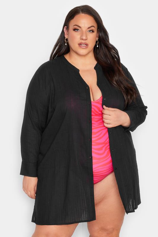 YOURS Plus Size Black Collarless Beach Shirt | Yours Clothing 1