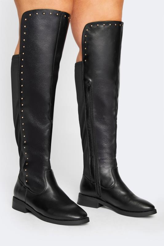 LIMITED COLLECTION Black PU Stud Over The Knee Boots In Extra Wide Fit | Yours Clothing 1