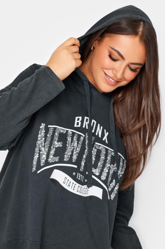 YOURS Plus Size Black 'New York' Slogan Acid Wash Hoodie | Yours Clothing 4