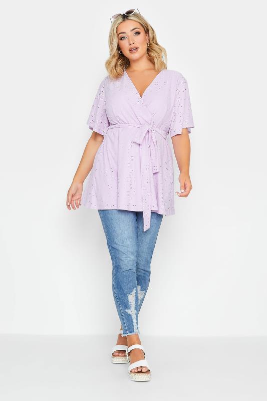 YOURS Curve Plus Size Lilac Purple V-Neck Broderie Anglaise Wrap Top | Yours Clothing  2
