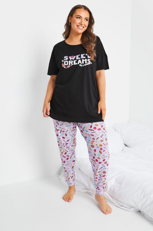 Plus Size Black & Purple 'Sweet Dreams' Cuffed Cotton Pyjama Set | Yours Clothing 1