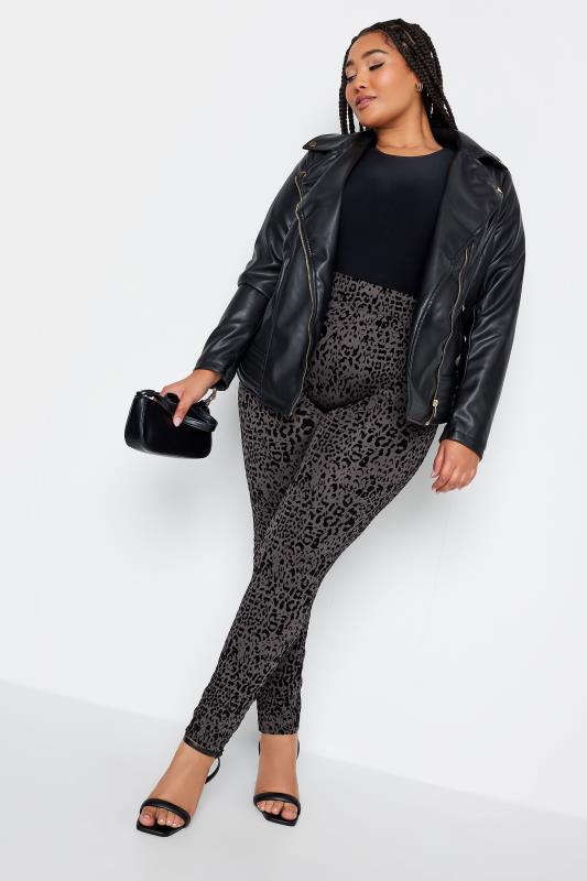 YOURS Plus Size Grey Flocked Leopard Print Leggings | Yours Clothing 2