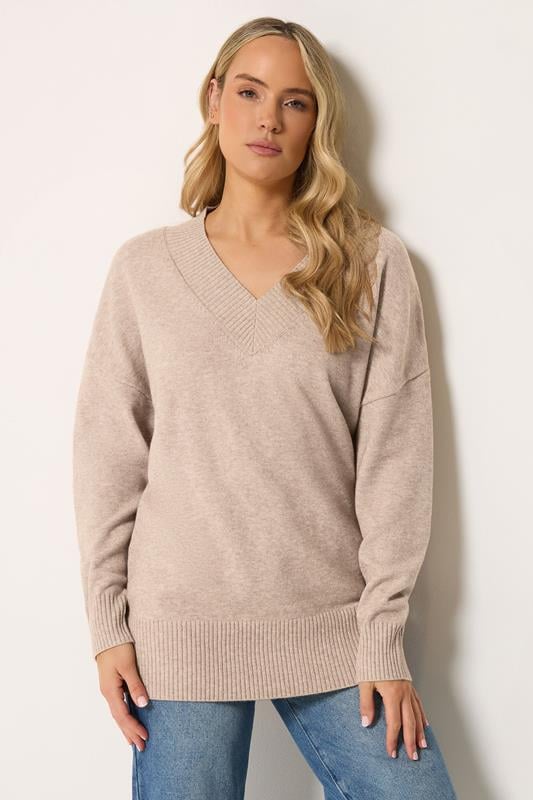 LTS Tall Women's Natural Brown V-Neck Knitted Jumper | Long Tall Sally 1