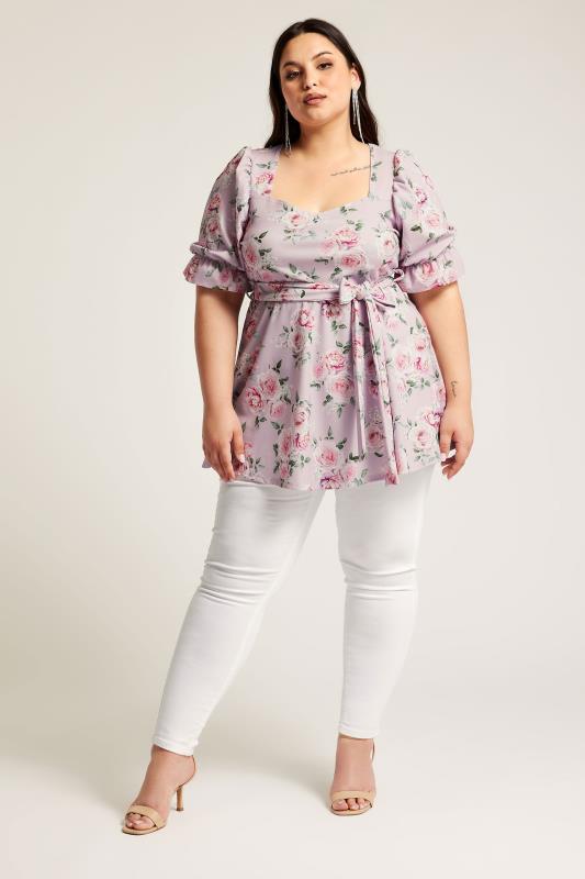 YOURS LONDON Plus Size Light Pink Floral Print Peplum Top | Yours Clothing 2