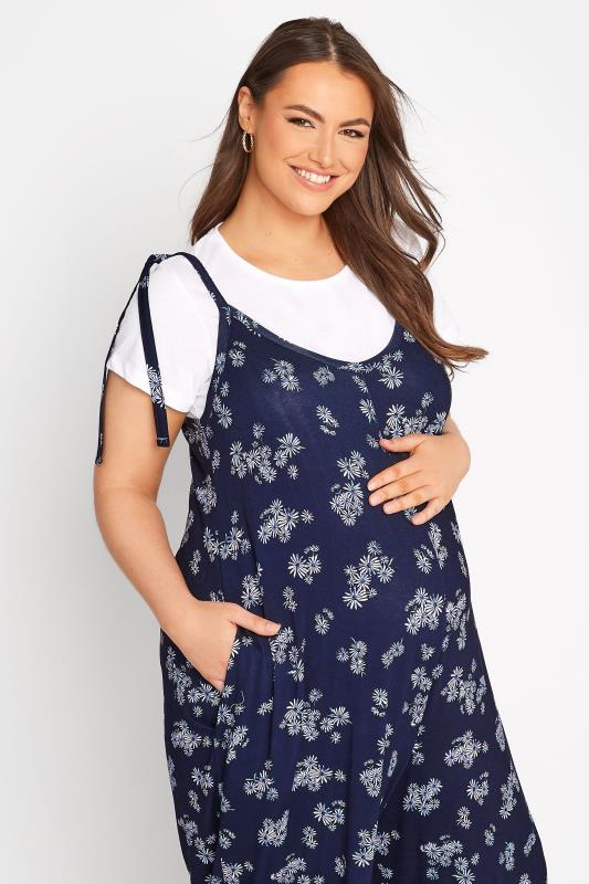 BUMP IT UP MATERNITY Plus Size Navy Blue Daisy Print Jumpsuit | Yours Clothing  4