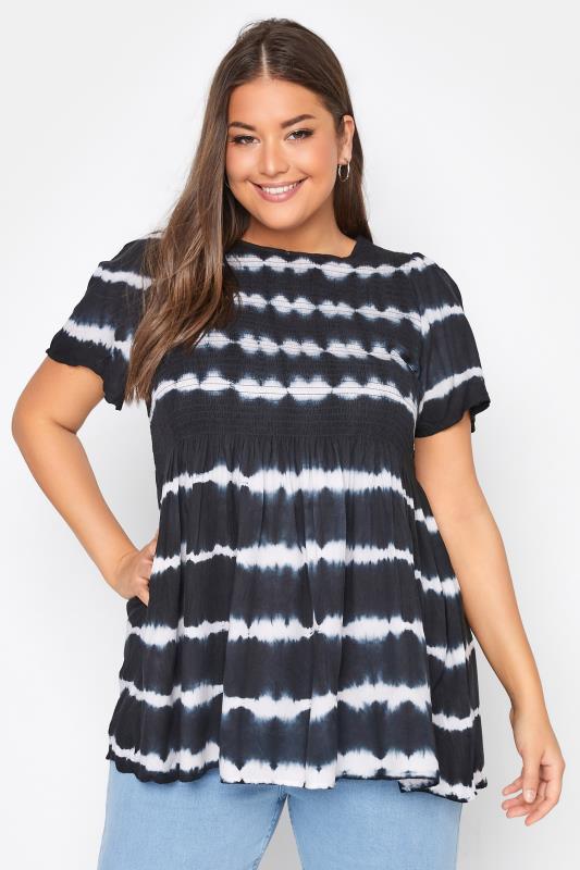 Plus Size Black Tie Dye Shirred Short Sleeve Top | Yours Clothing  1