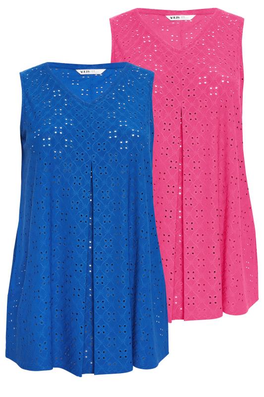 2 PACK Blue & Pink Broderie Anglaise Swing Vest Tops | Yours Clothing 7