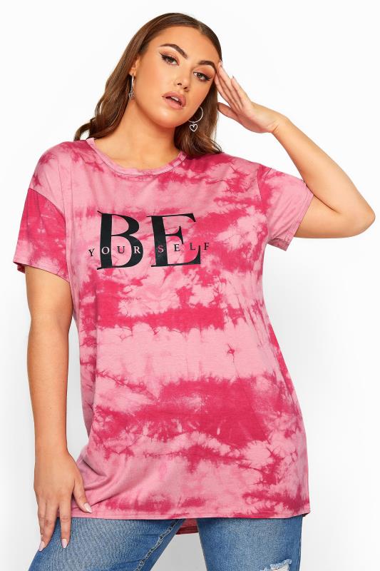 Plus Size Day Tops LIMITED COLLECTION Pink Tie Dye Slogan T-Shirt