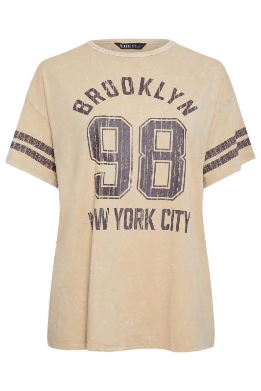 YOURS Plus Size Beige Brown 'Brooklyn' Slogan Acid Wash Varsity T-Shirt | Yours Clothing 5