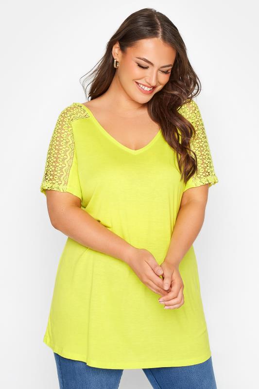 Plus Size  Curve Lime Green Lace Shoulder T-Shirt
