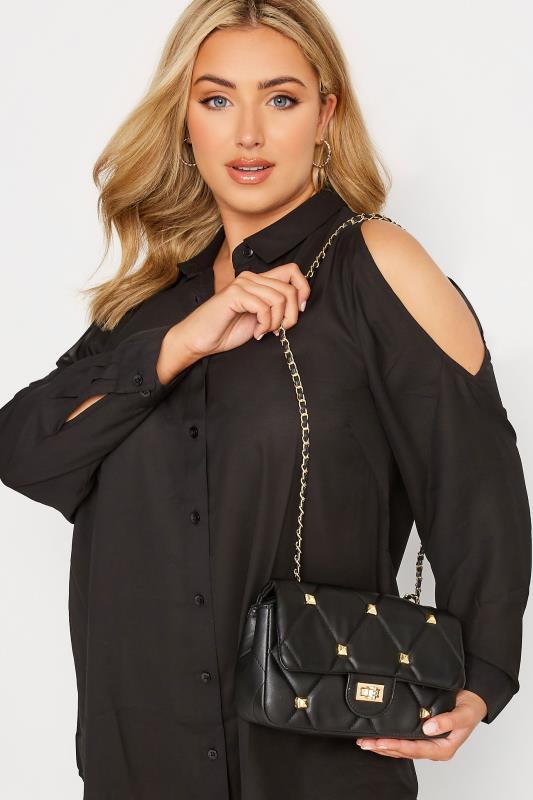 Black Studded Quilted Chain Bag | Yours Clothing 2