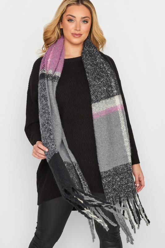 Plus Size  Grey & Pink Check Chunky Tassel Scarf