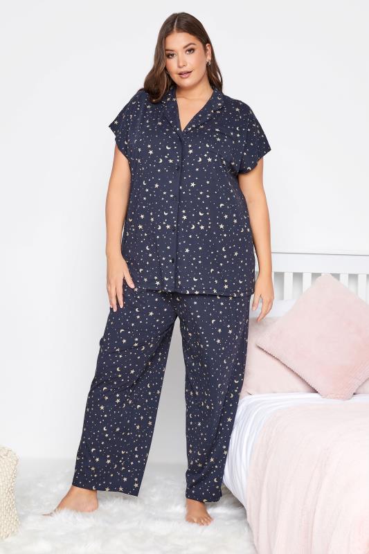 Plus Size  Curve Navy Blue Star & Moon Pyjama Set