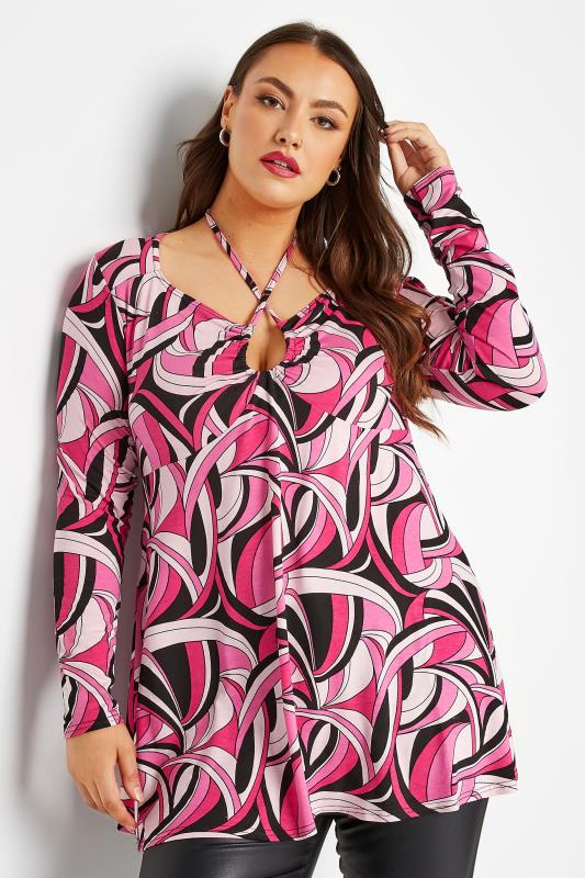 Plus Size  LIMITED COLLECTION Curve Pink Abstract Print Keyhole Tie Swing Top