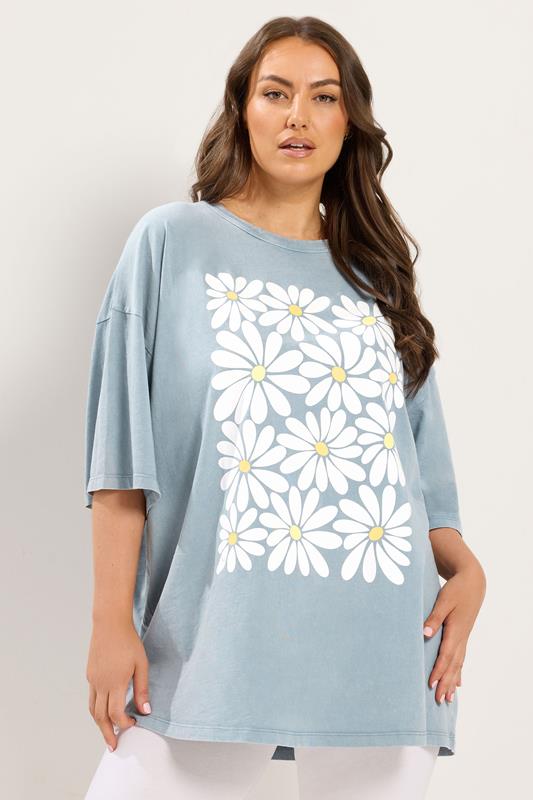 YOURS Plus Size Light Blue Acid Wash Boxy Daisy Print T-Shirt | Yours Clothing 1