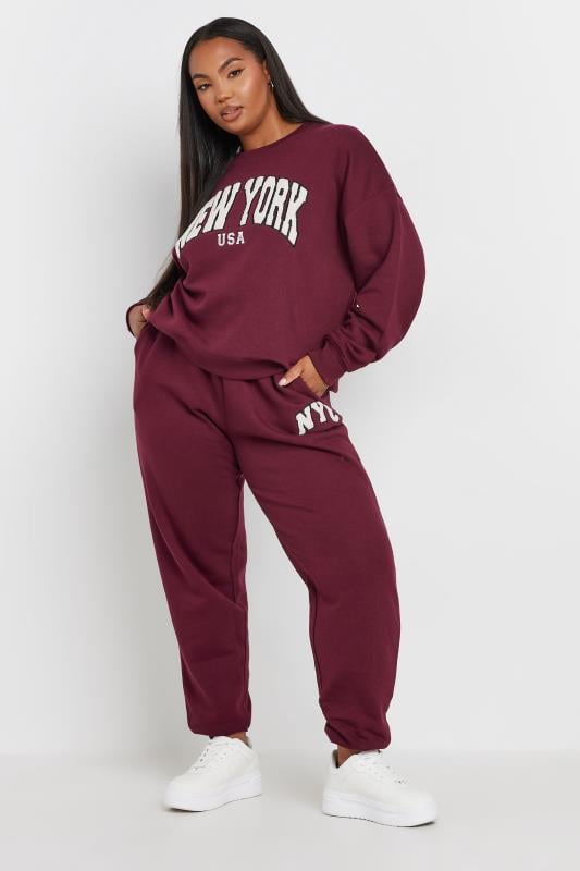 YOURS Plus Size Burgundy Red 'NYC' Slogan Joggers | Yours Clothing  2