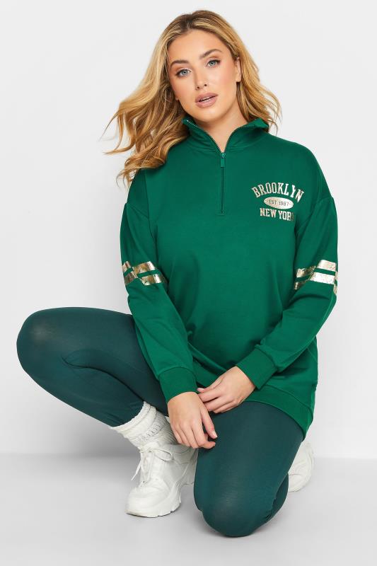 Plus Size Green Metallic 'Brooklyn' Varsity Half Zip Sweatshirt | Yours Clothing 1