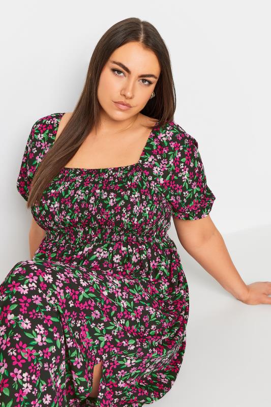 YOURS Plus Size Black & Pink Ditsy Floral Print Shirred Midaxi Dress | Yours Clothing 5